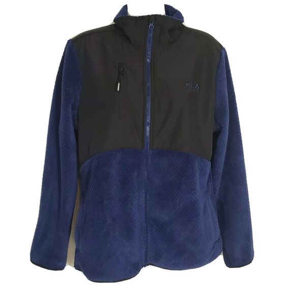 Fila Sport Women Medium Athletic Jacket Blue Black Fleece Faux Fur FullZip Woven - Picture 1 of 11